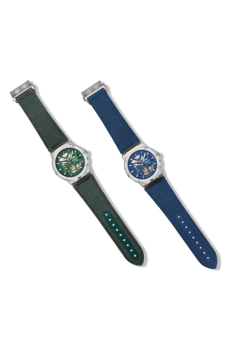 FERRAGAMO F-80 Skeleton Limited Edition Fabric Strap Watch, 41mm, Alternate, color,