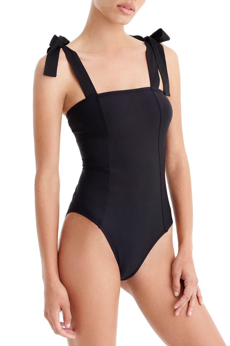 Grosgrain Tie Shoulder One-Piece Swimsuit, Main, color, BLACK