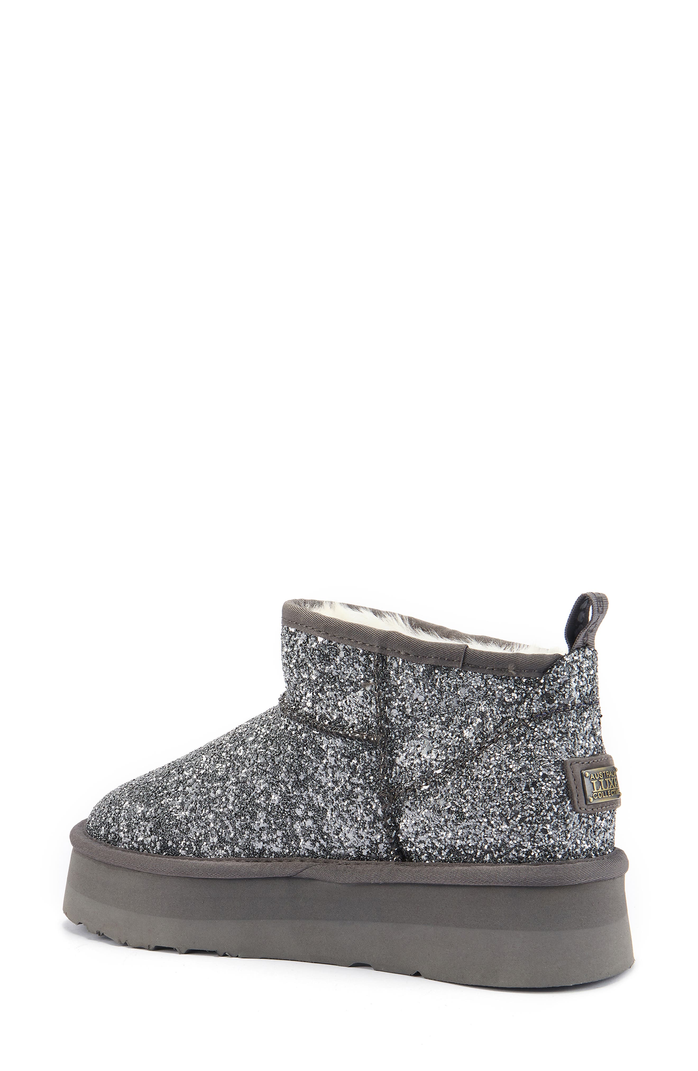 Australia Luxe Collective Cosy Genuine Shearling Glitter Ultra Platform Bootie, Alternate, color, Pewter