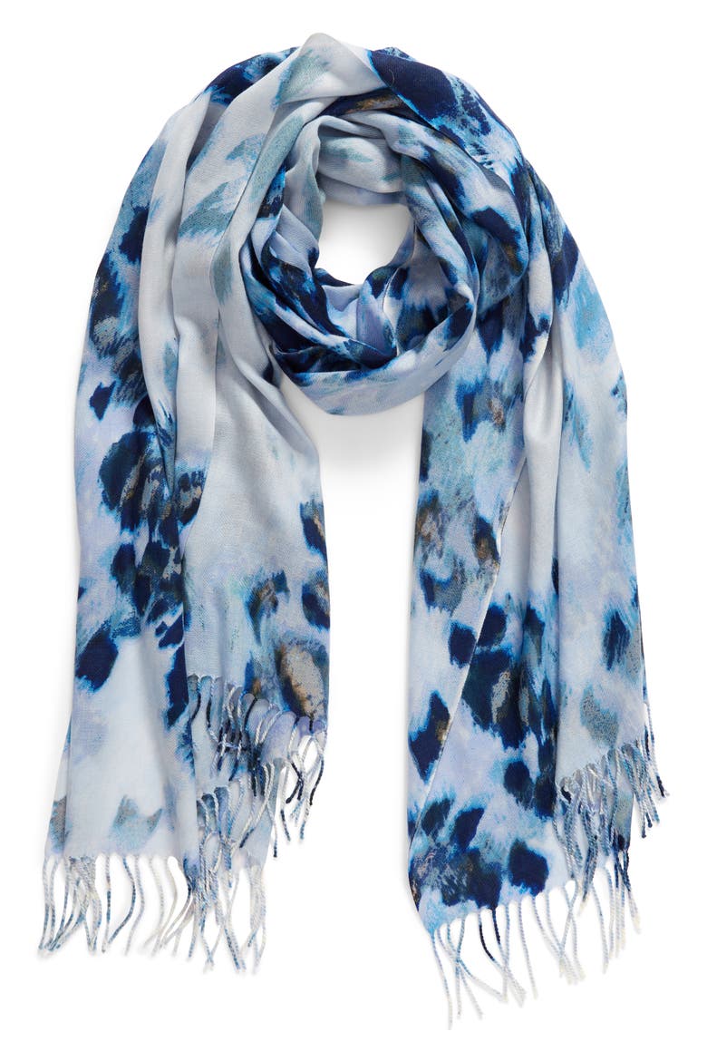 Tissue Print Wool & Cashmere Wrap Scarf, Alternate, color, BLUE FEATHERED CAT