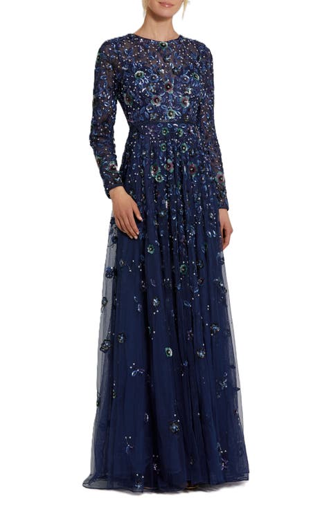 Embellished High Neck Long Sleeve A Line Gown