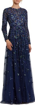Mac Duggal Embellished High Neck Long Sleeve A Line Gown