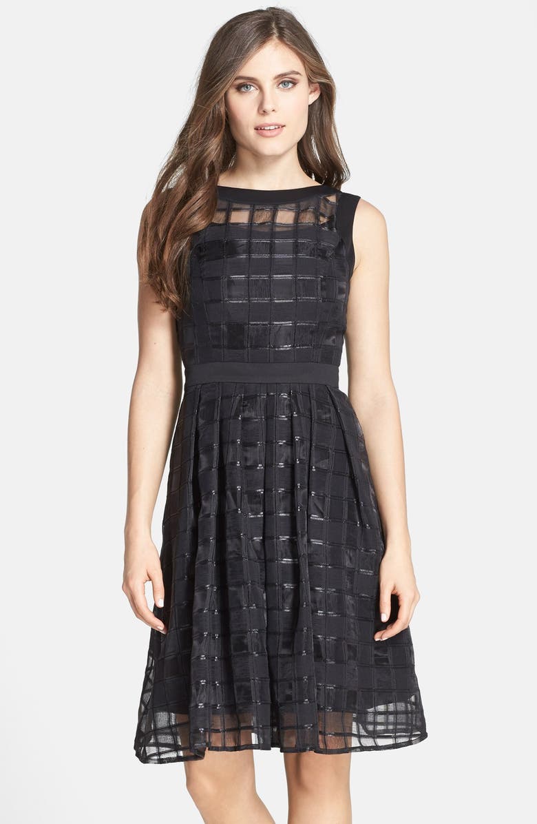 Ellen Tracy Windowpane Organza Fit & Flare Dress, Main, color,