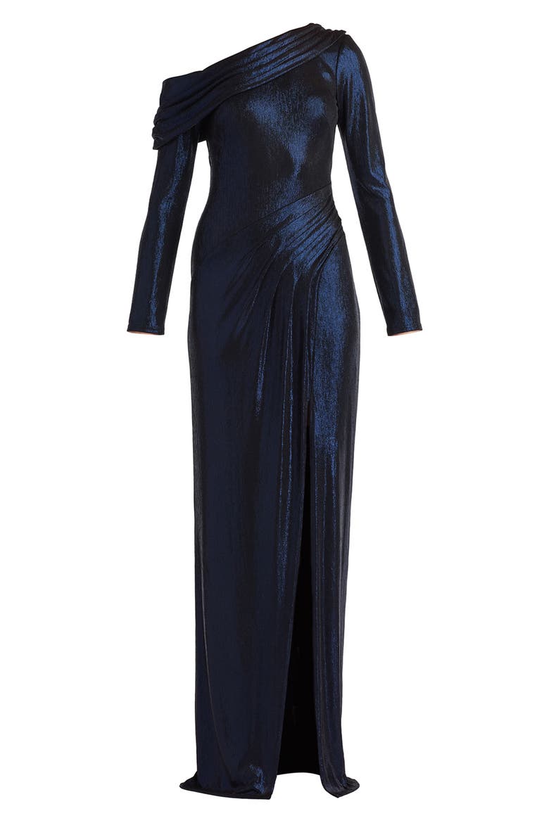 Metallic One-Shoulder Long Sleeve Gown, Alternate, color, ROYAL NAVY