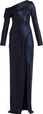 Tadashi Shoji Metallic One-Shoulder Long Sleeve Gown