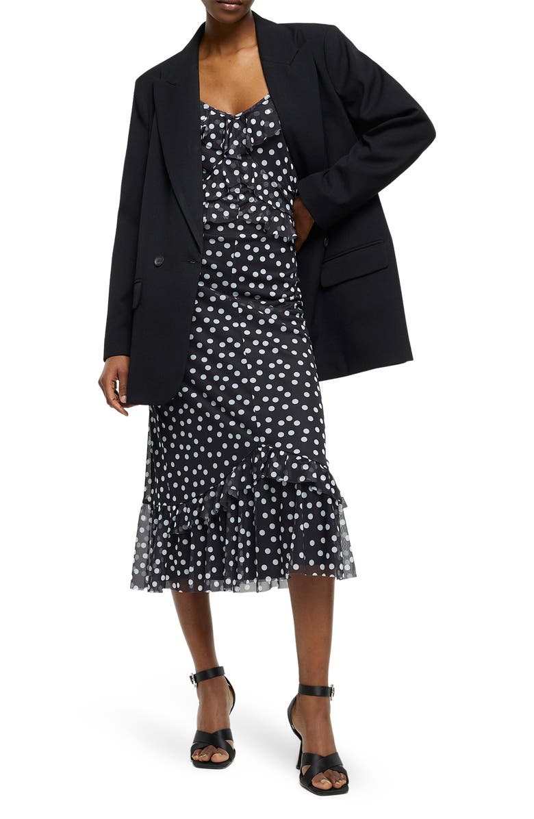 River Island Polka Dot Cold Shoulder Ruffle Midi Dress, Main, color, 