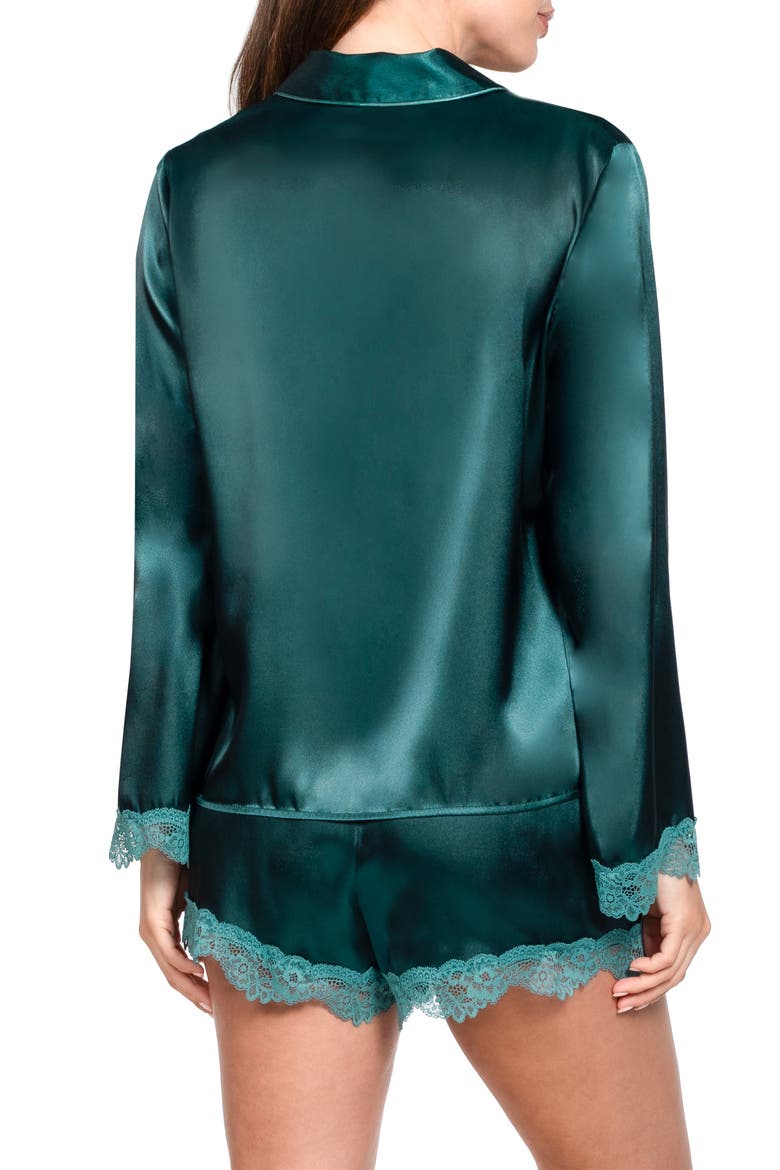 Felicity Lace Trim Long Sleeve Satin Shorts Pajamas, Alternate, color, PINE GREEN
