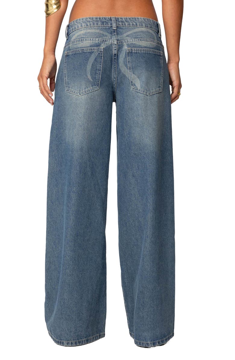 EDIKTED Vyxen Bow Print Low Rise Wide Leg Jeans, Alternate, color, Blue-Vintage-Washed
