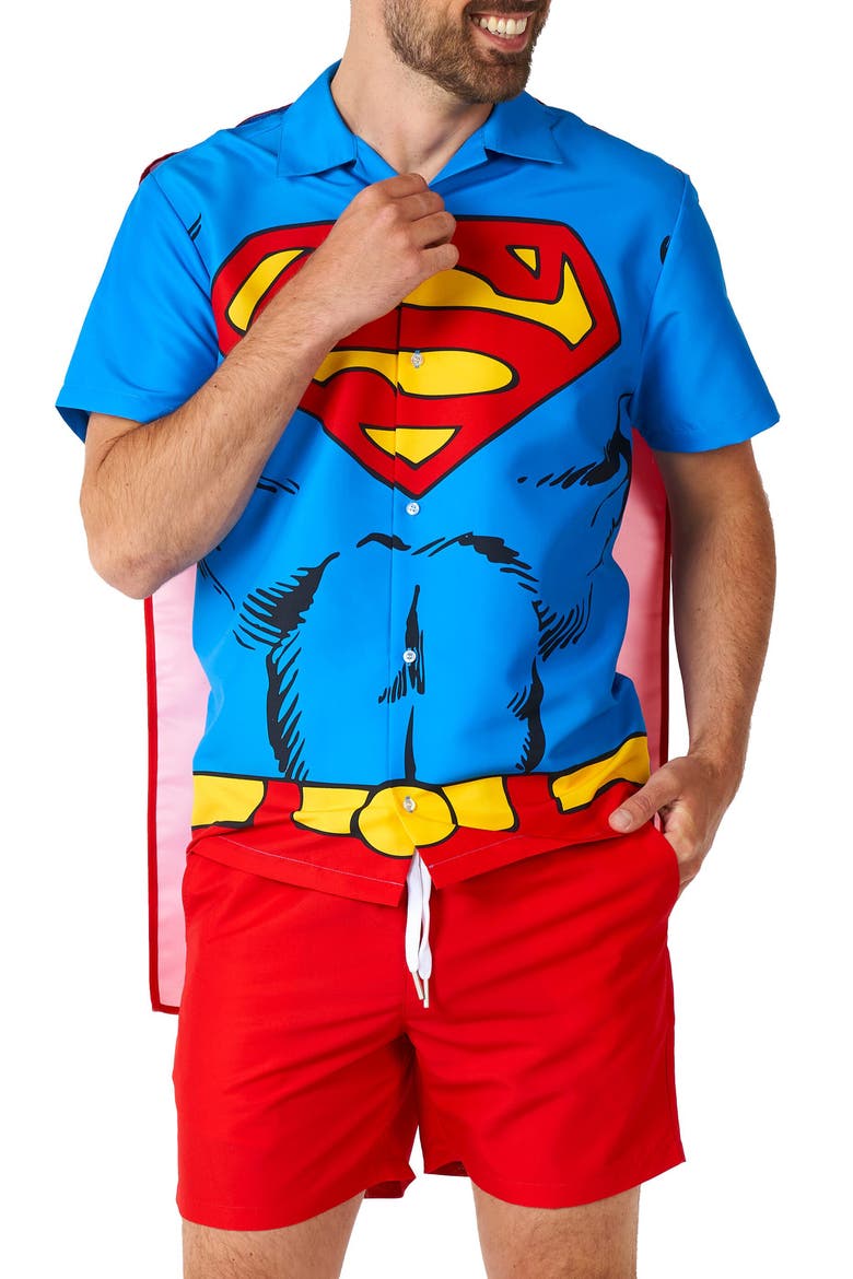 Superman Camp Shirt, Shorts & Removable Cape Set, Alternate, color, RED