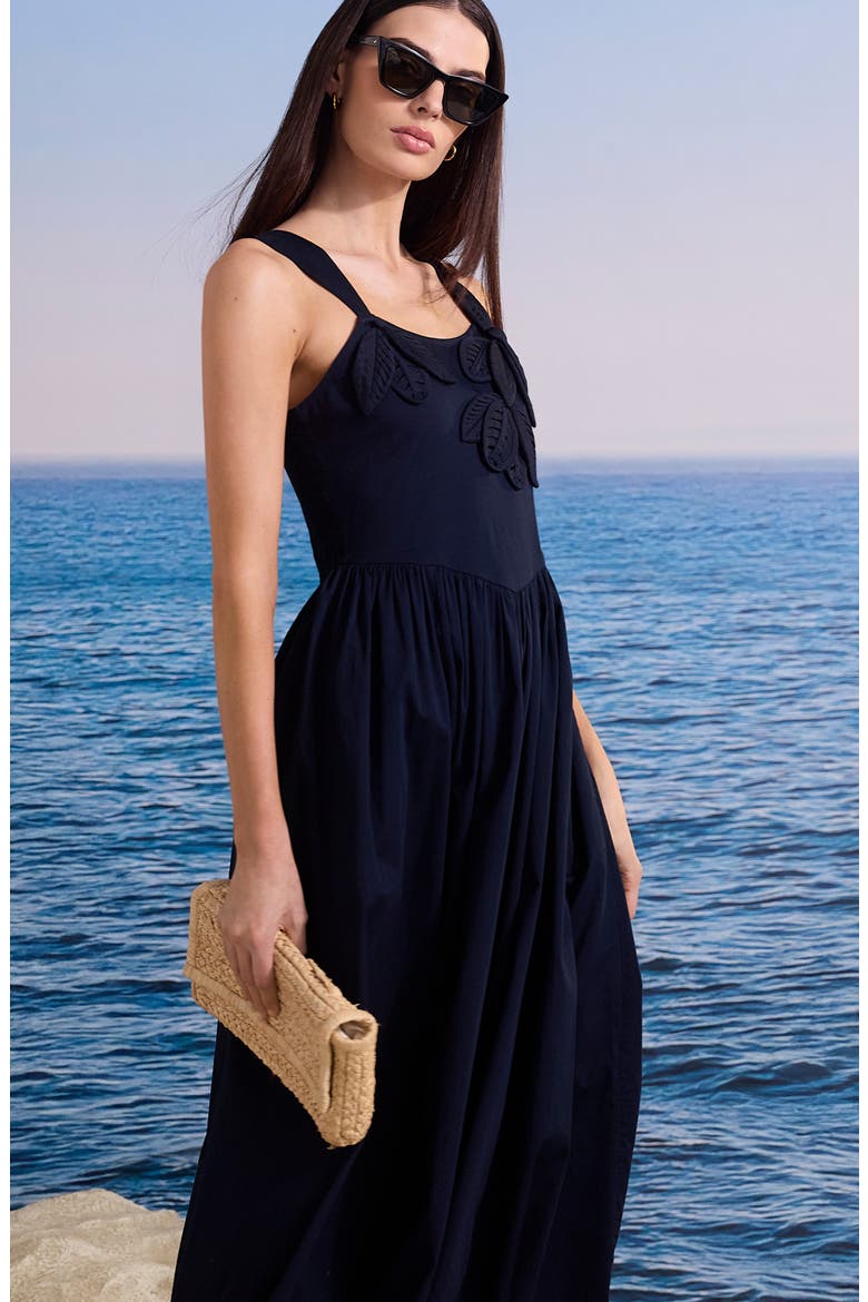 Eloise Floral Leaf Appliqué Stretch Cotton Fit & Flare Midi Dress, Alternate, color, DARK INDIGO