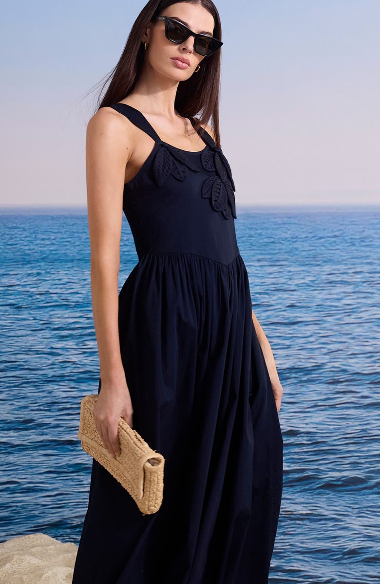 NIC+ZOE Eloise Floral Leaf Appliqué Stretch Cotton Fit & Flare Midi Dress, Alternate, color, Dark Indigo
