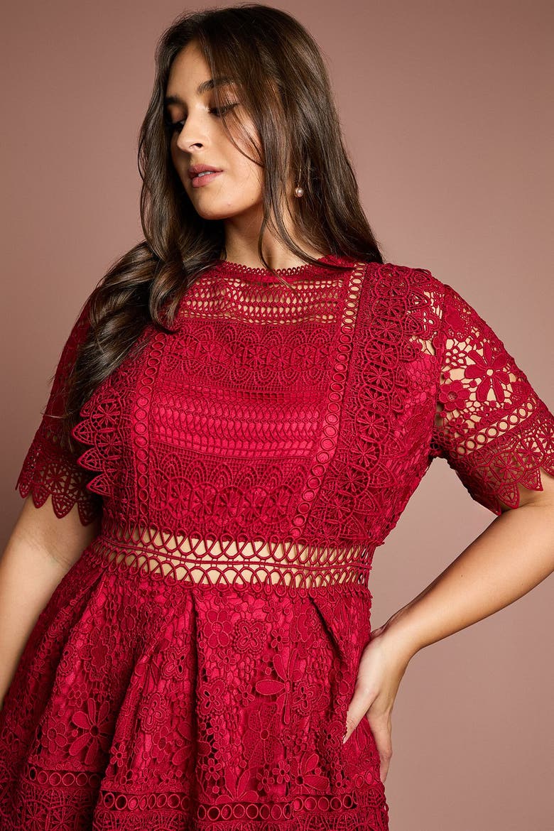 Plus Embroidered Lace Midi Dress, Alternate, color, Berry