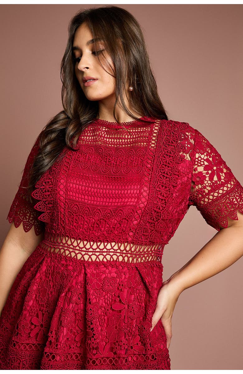 Coast Plus Short Sleeve Lace Midi Dress, Alternate, color, Berry