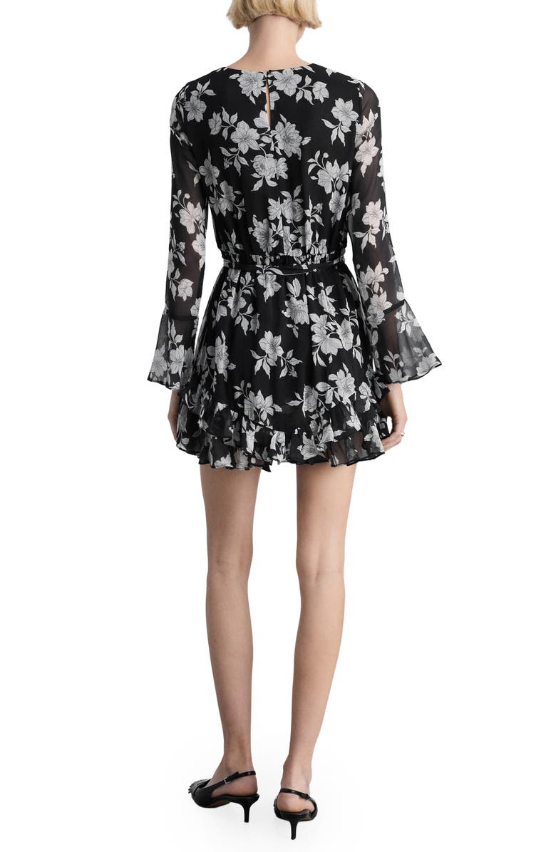 MANGO Floral Ruffle Long Sleeve Tie Belt Dress, Alternate, color, Black