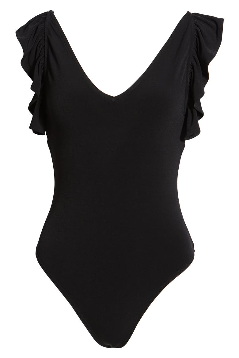 Flutter Sleeve Bodysuit, Alternate, color, BLACK