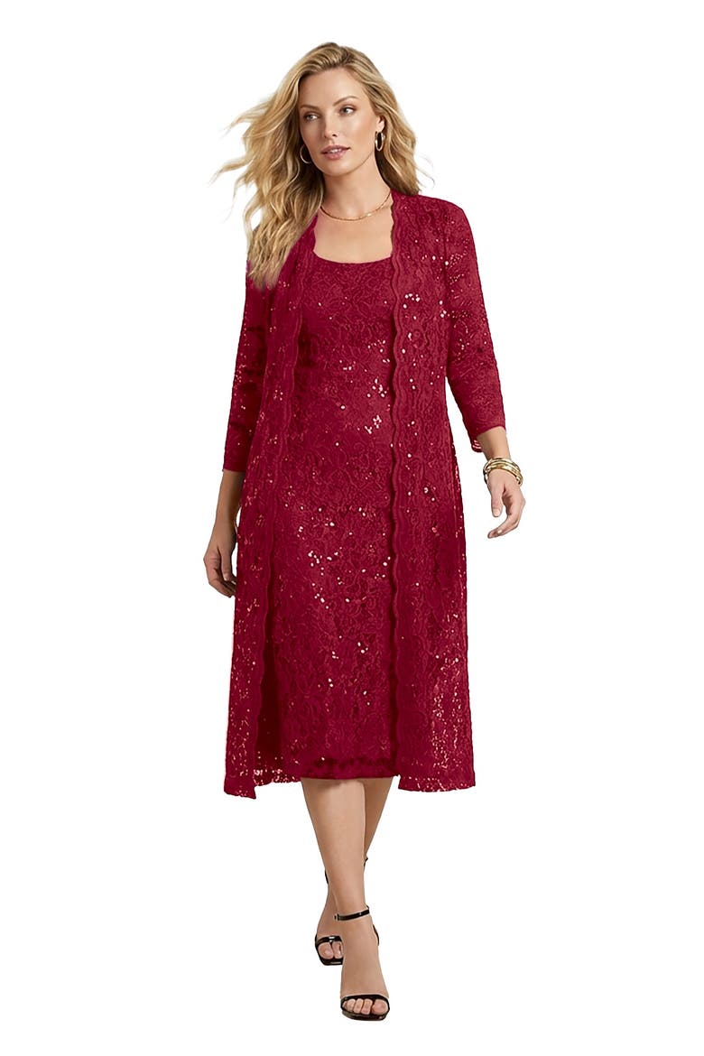 Plus Size 3/4 Sleeve Formal Duster Sequin Embellished Lace Dress Set, Main, color, RICH BURGUNDY