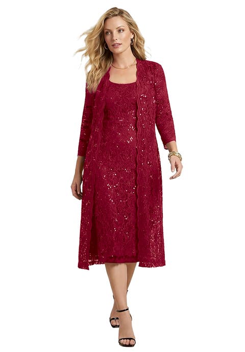 Plus Size 3/4 Sleeve Formal Duster Sequin Embellished Lace Dress Set