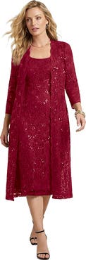 Roaman's Plus Size 3/4 Sleeve Formal Duster Sequin Embellished Lace Dress Set