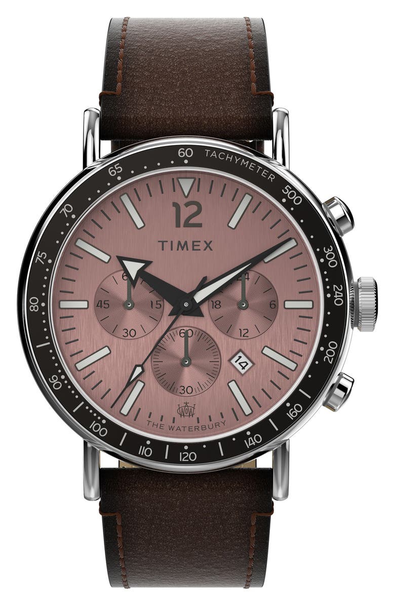 Timex<sup>®</sup> Waterbury Standard Chronograph Leather Strap Watch, 43mm, Main, color,