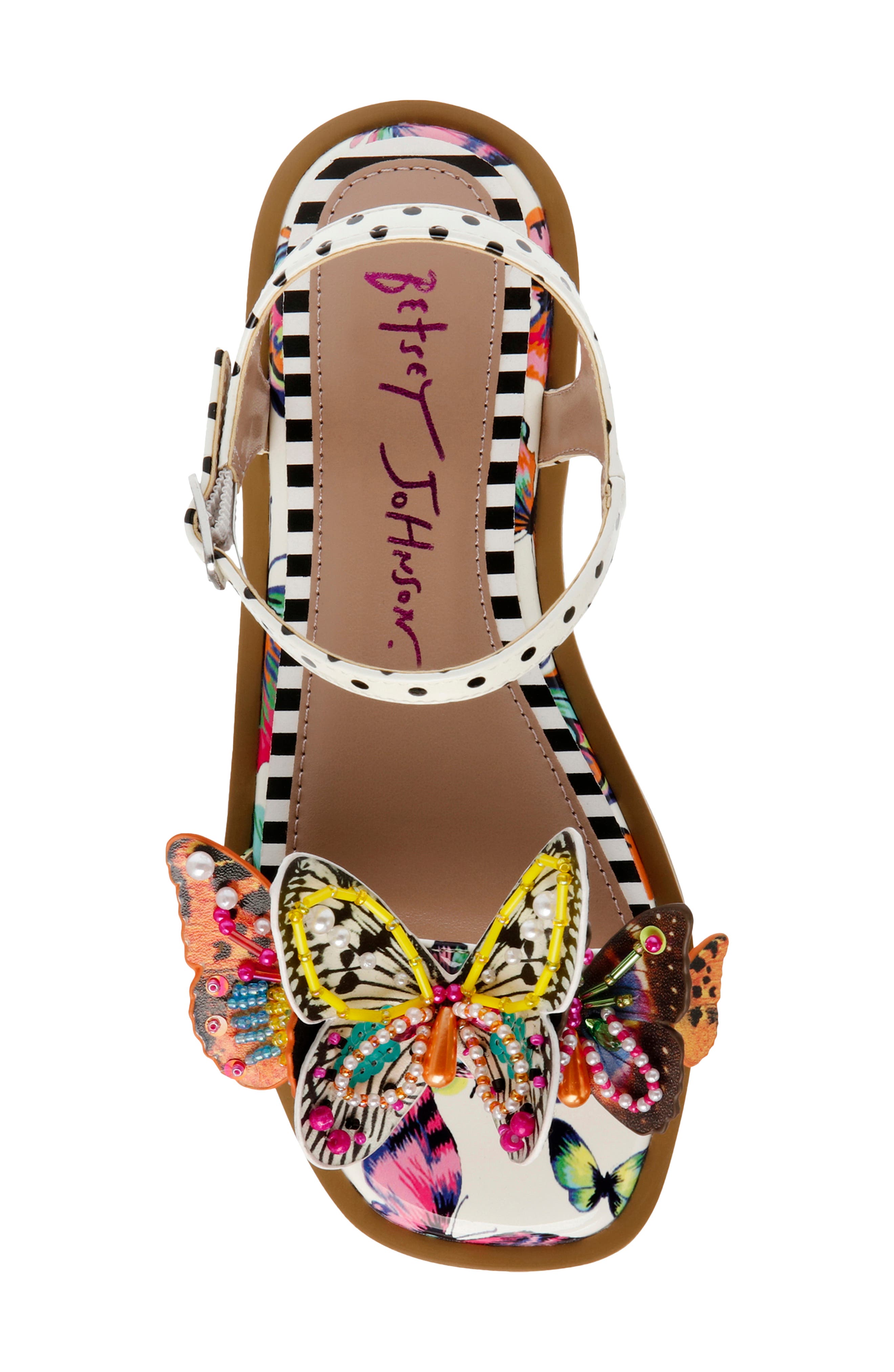 Betsey Johnson Kids' Dacie Ankle Strap Sandal, Alternate, color, White/ Butterfly Multi