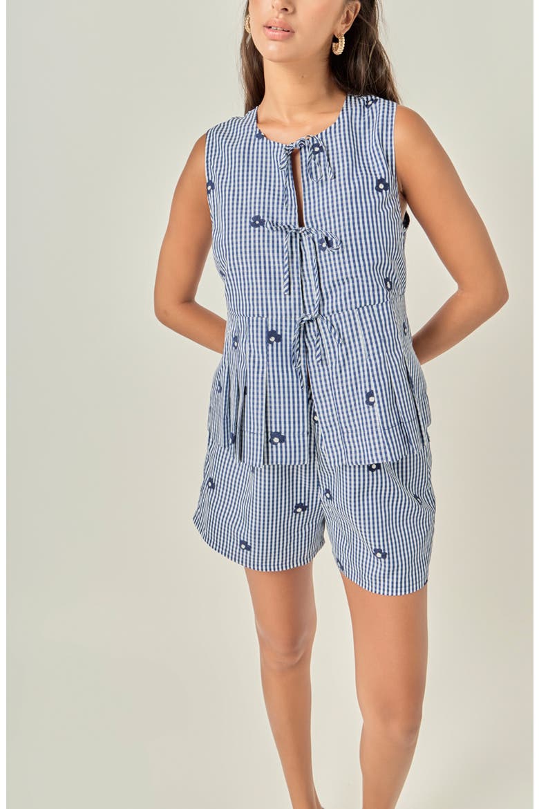 Bow Detail Gingham Embroidered Peplum Top, Alternate, color, NAVY