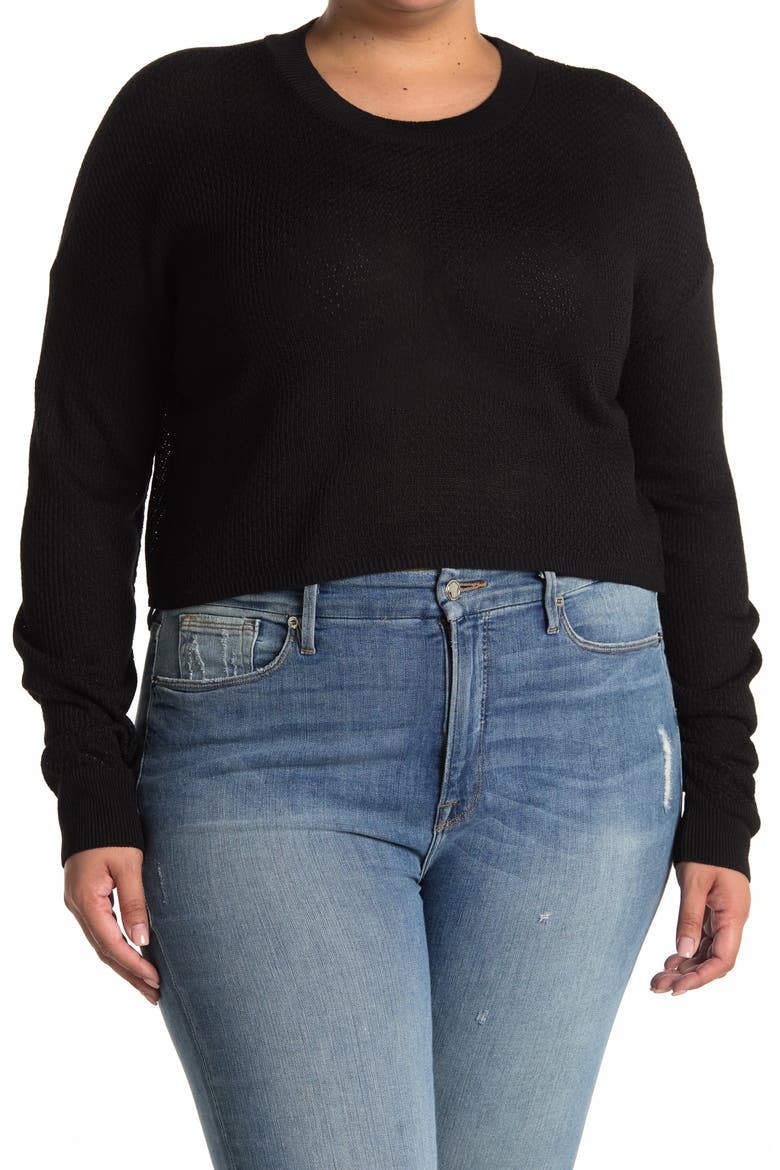 Textured Crew Neck Cropped Sweater, Main, color, BLACK