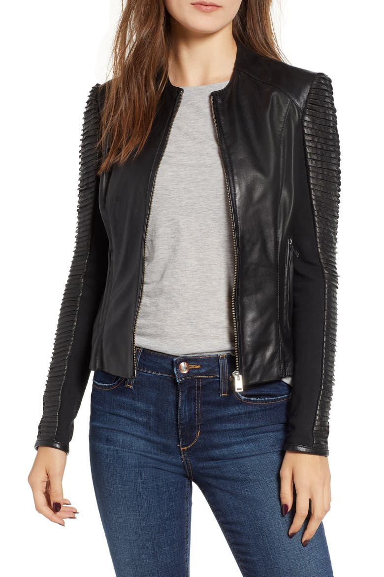 Collarless Pleated Sleeve Leather Jacket, Main, color, BLACK