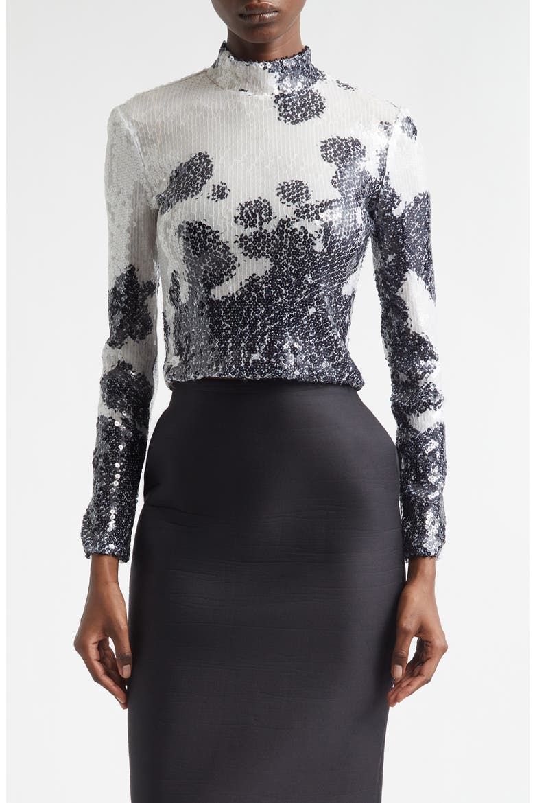 The Maven Paillette Cow Print Mock Neck Top, Main, color, SPOTTED BLACK