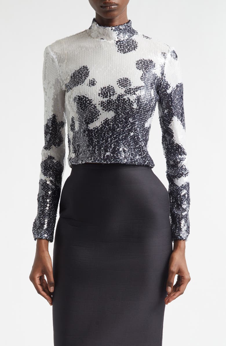 Brandon Maxwell The Maven Paillette Cow Print Mock Neck Top, Main, color, Spotted Black