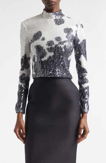 The Maven Paillette Cow Print Mock Neck Top