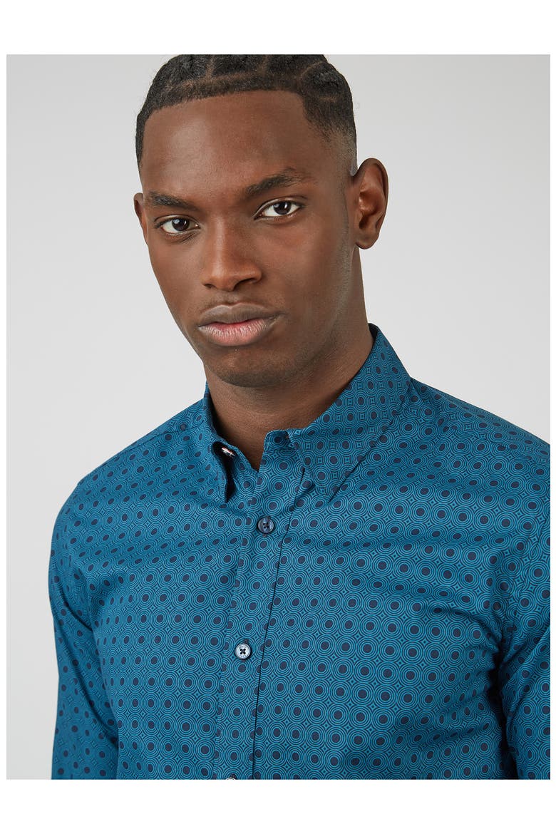Print Cotton Button-Up Shirt, Alternate, color, DARK TEAL