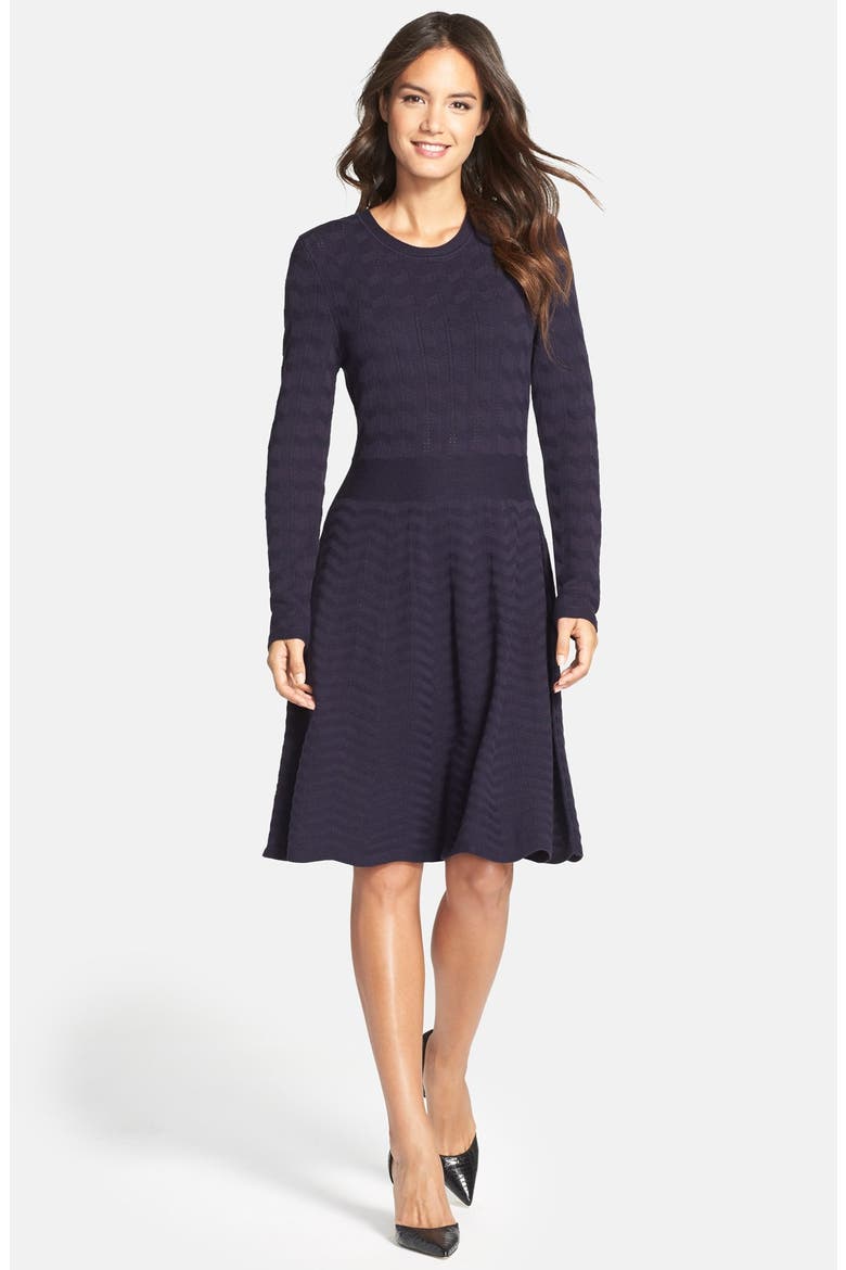Chevron Fit & Flare Sweater Dress, Alternate, color, NAVY