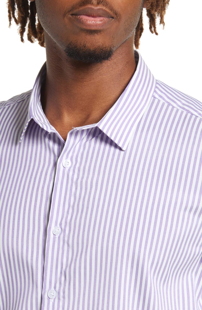 Barbell Apparel Motive Stripe Short Sleeve Stretch Button-Up Performance Shirt, Alternate, color,