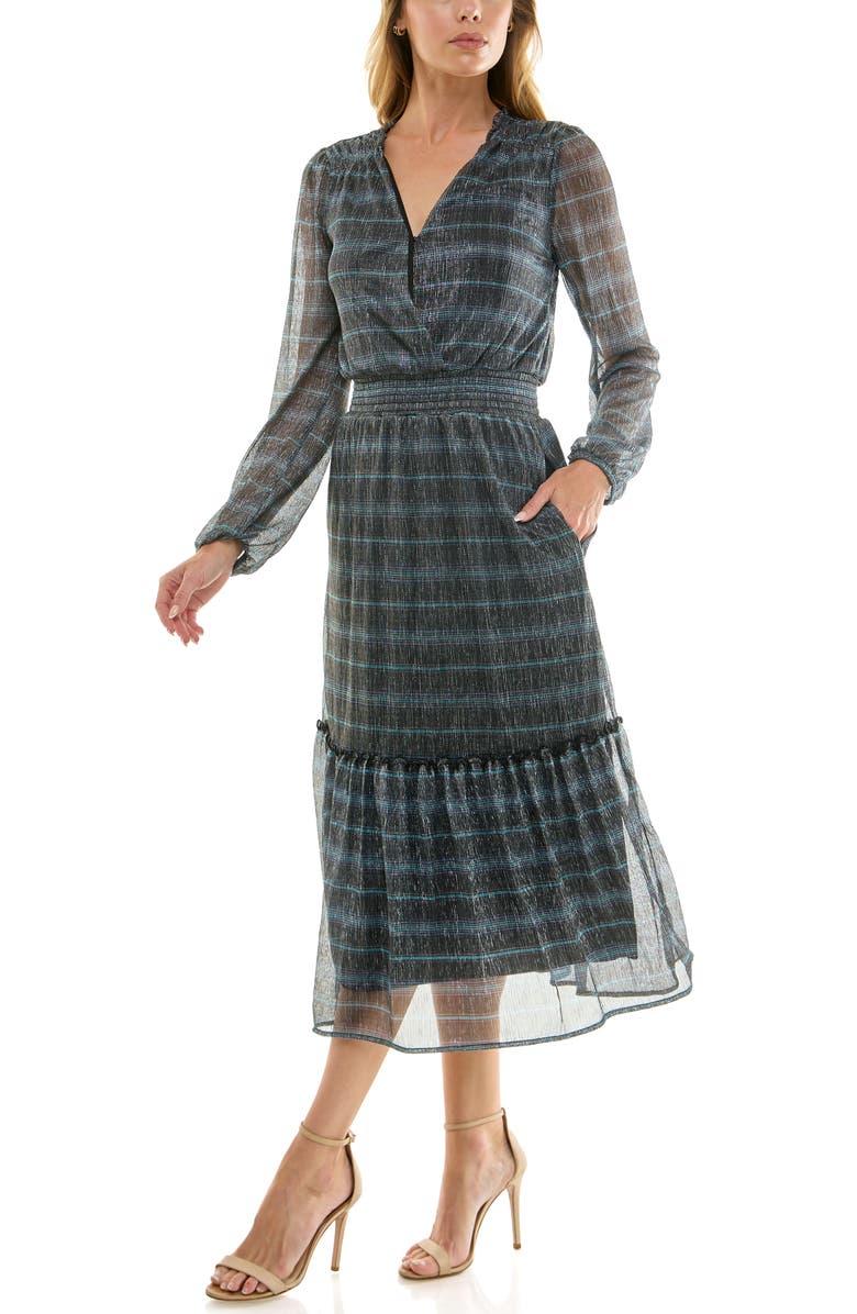 Socialite Metallic Long Sleeve Tiered Chiffon Midi Dress, Alternate, color, Black/ Teal