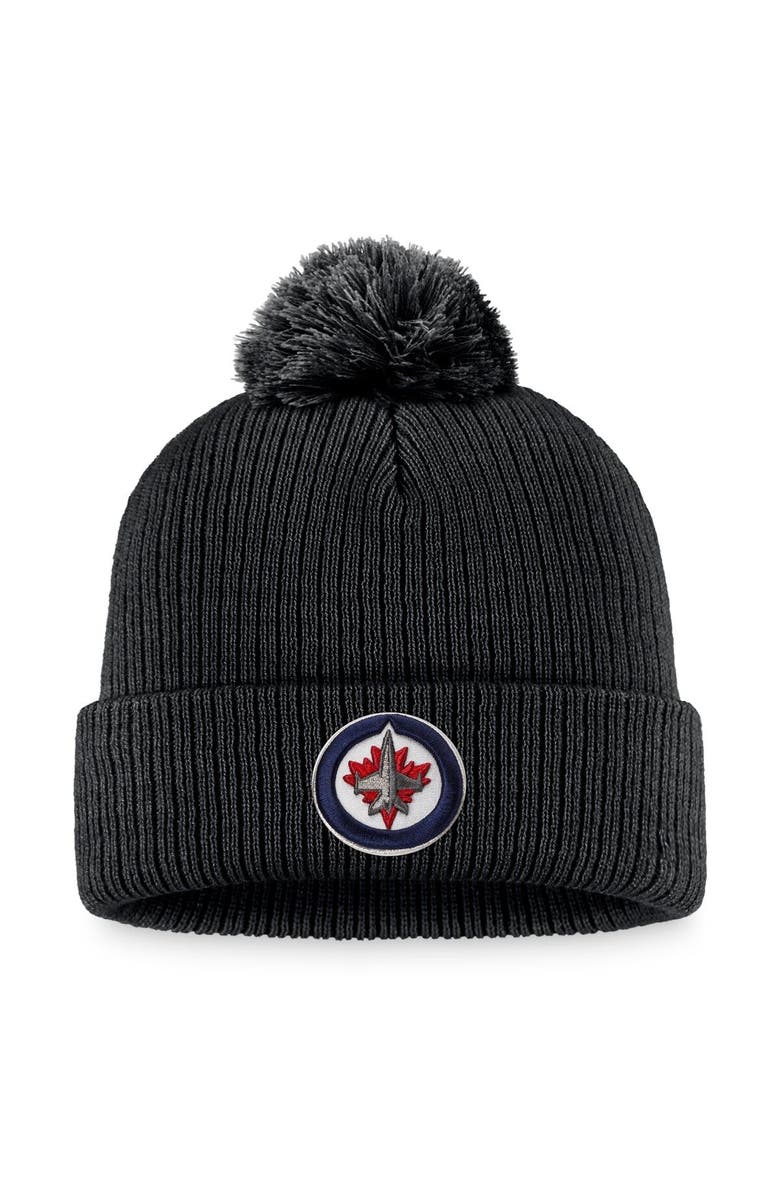 FANATICS Men's Fanatics Branded Black Winnipeg Jets Core Primary Logo Cuffed Knit Hat with Pom, Main, color, 