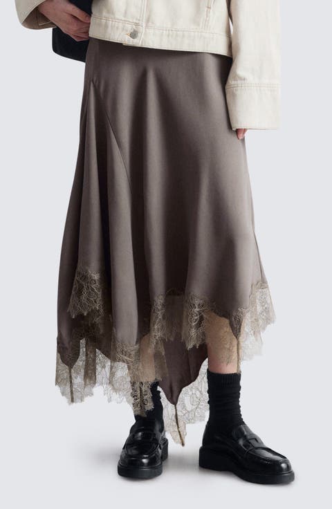 Lace Trim Handkerchief Hem Midi Skirt