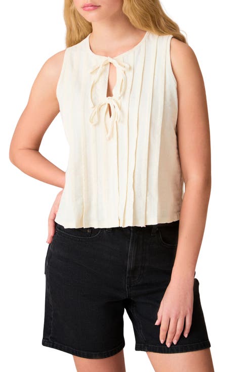 Pintuck Sleeveless Tie Front Cotton Top