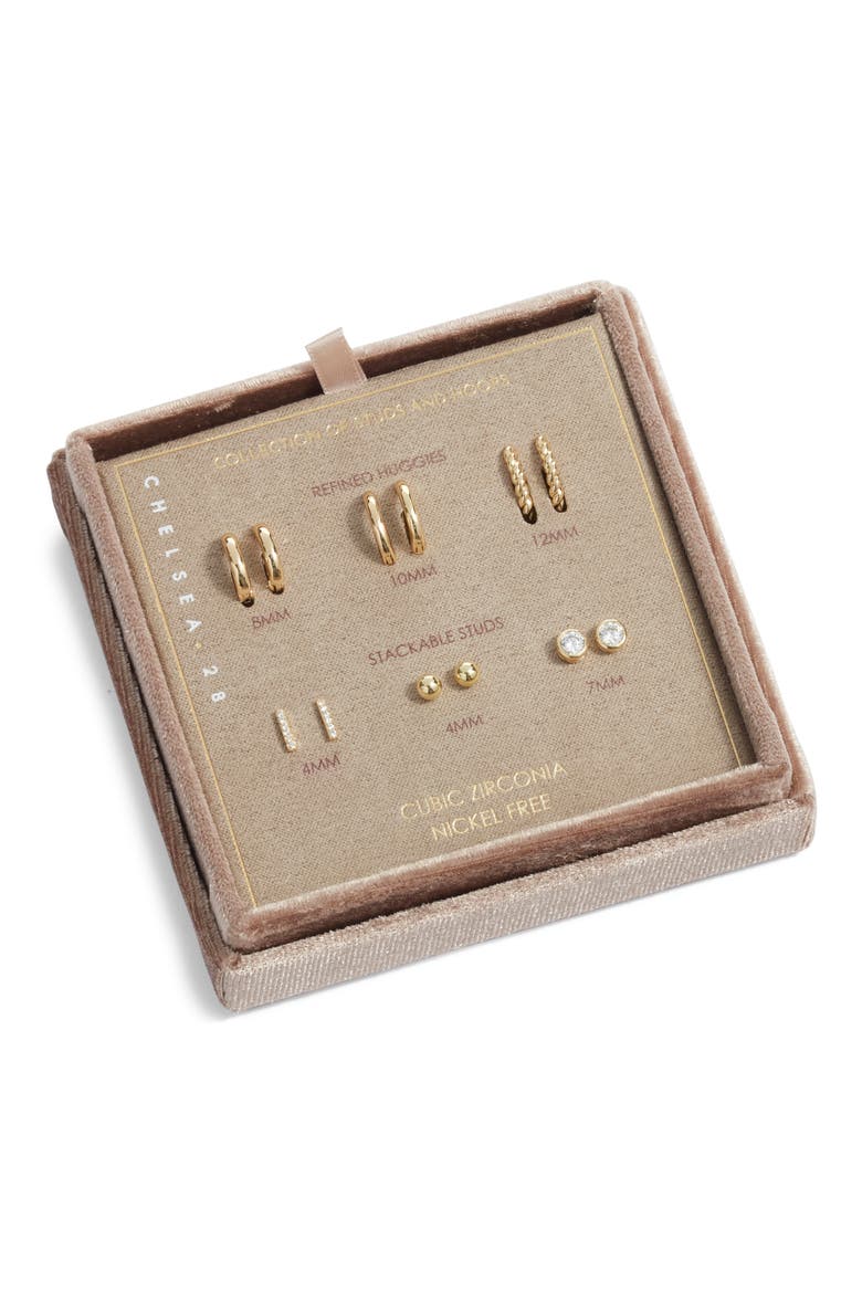 Gift Boxed 6-Pack Huggie Hoop & Stud Earring Set, Main, color, CLEAR- GOLD