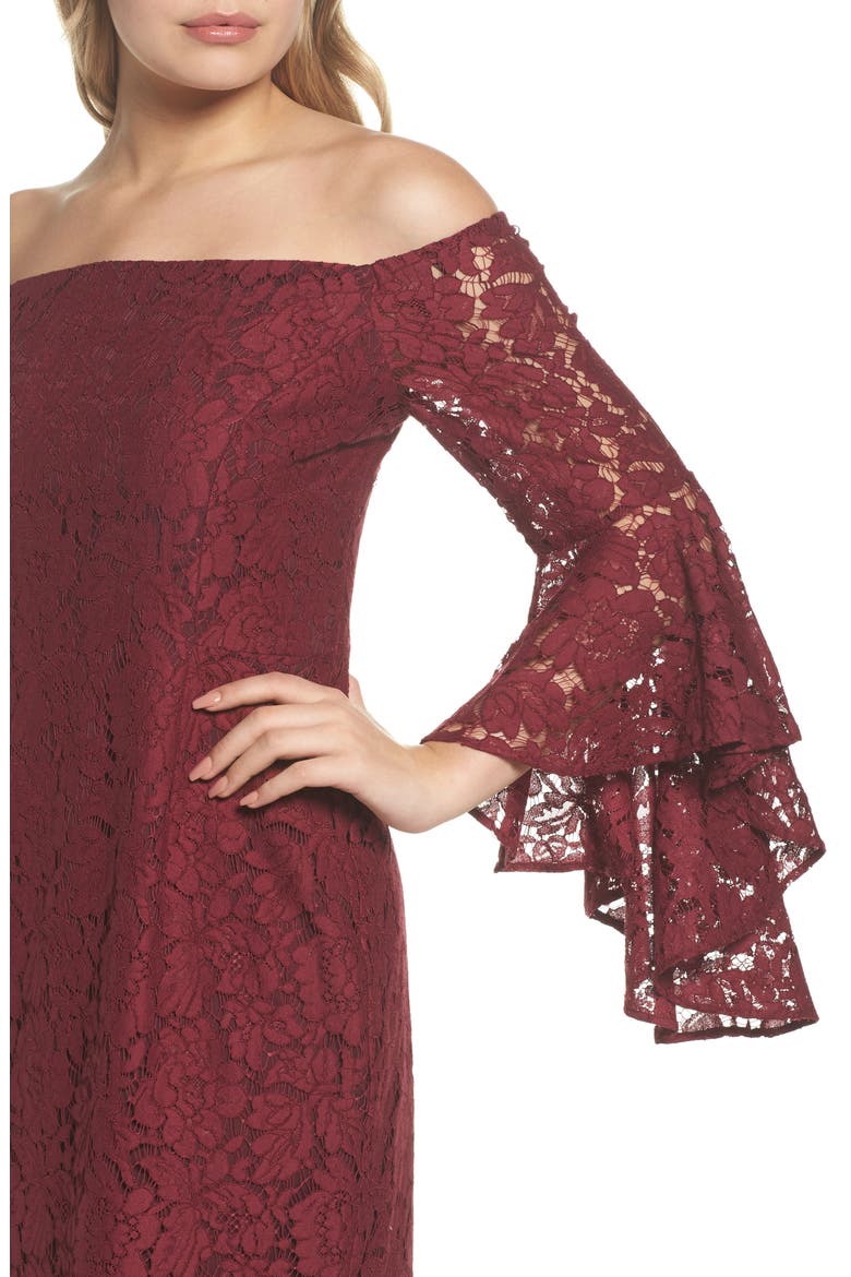 Off the Shoulder Lace Dress, Alternate, color, BURGUNDY LONDON
