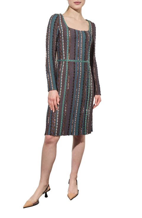 Multistitch Fringe Trim Long Sleeve Knit A-Line Dress