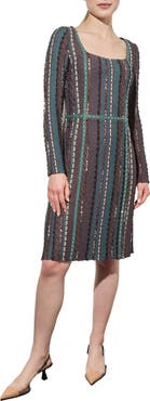Ming Wang Multistitch Fringe Trim Long Sleeve Knit A-Line Dress