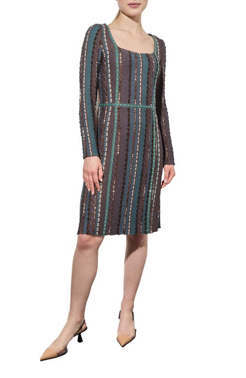 Ming Wang Multistitch Fringe Trim Long Sleeve Knit A-Line Dress in Forest Multi 