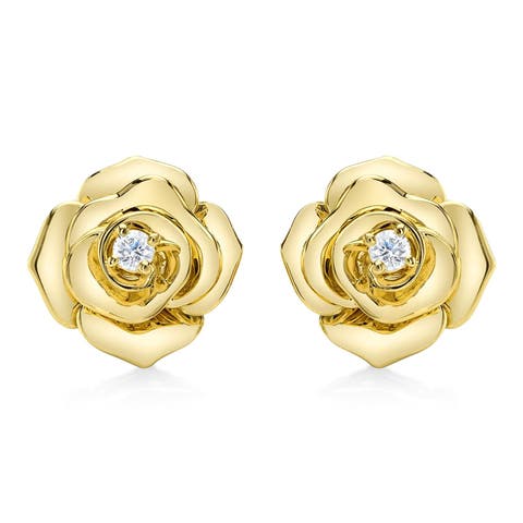 Diamond Flower Stud Earrings 14K