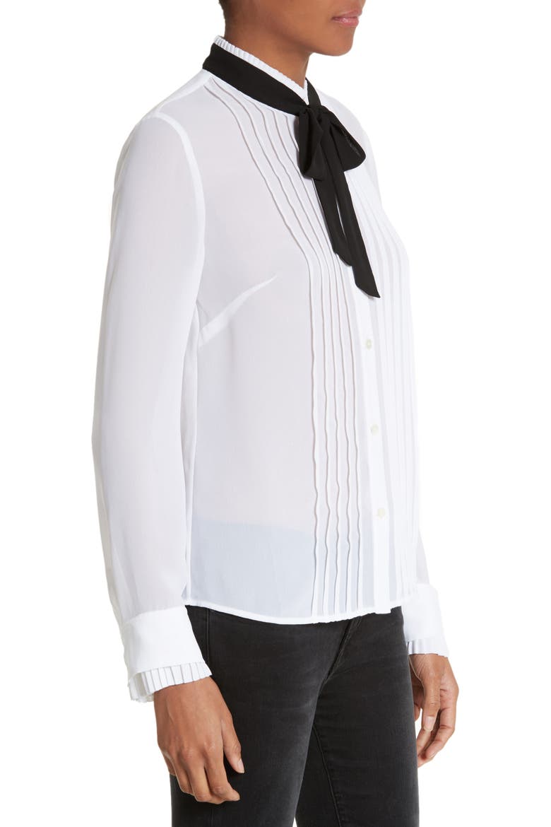 Tie Neck Edwardian Blouse, Alternate, color, BLANC WITH NOIR TIE