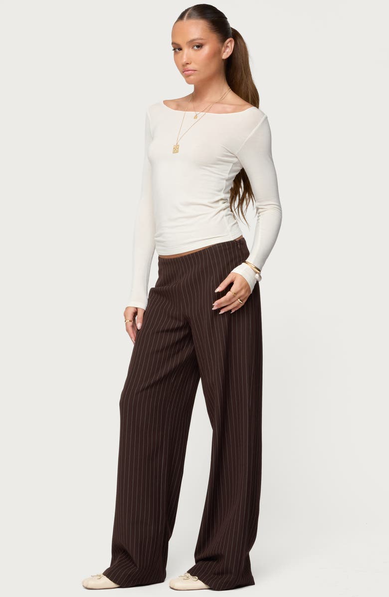 EDIKTED Kerie Wide Leg Pinstripe Pants, Alternate, color, Dark-Brown