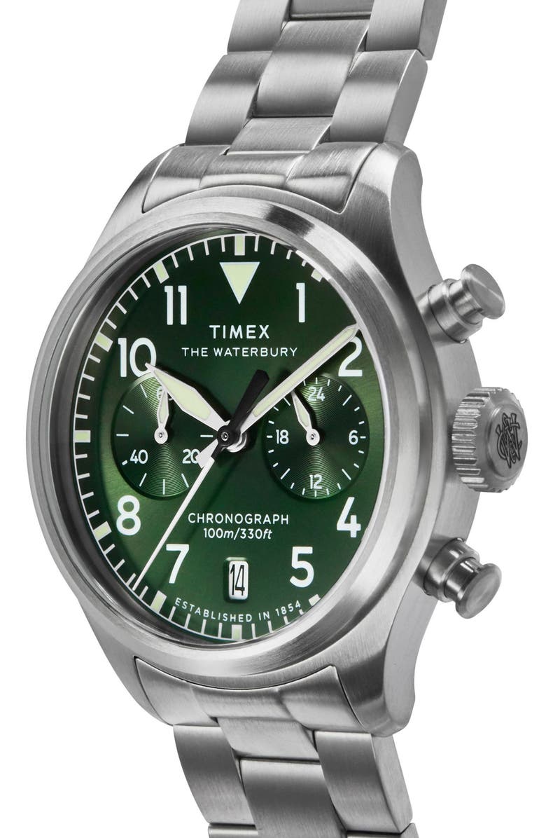 Timex<sup>®</sup> Waterbury Ace Chronograph Leather Strap Watch, 41mm, Alternate, color, Silver