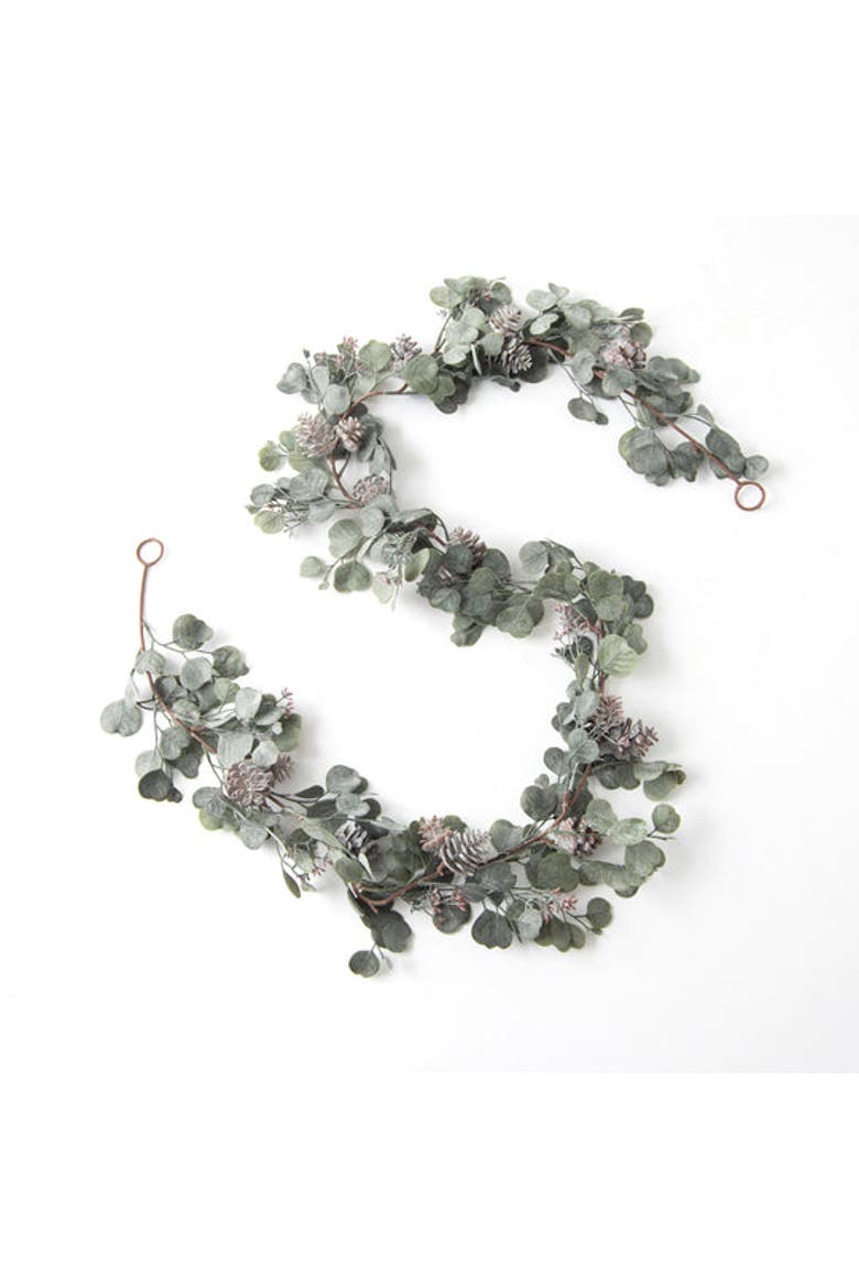 Candlelit Evenings - Faux Dusty Green Silver Dollar Eucalyptus & Pinecone Christmas Mantel Garland, Main, color, Green