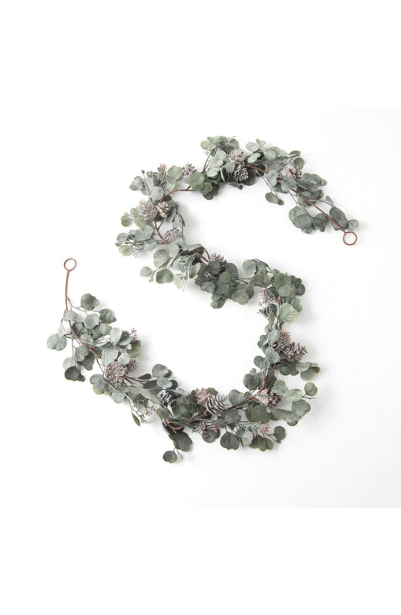 Darby Creek Trading Candlelit Evenings - Faux Dusty Green Silver Dollar Eucalyptus & Pinecone Christmas Mantel Garland, Main, color, Green