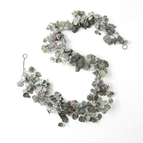 Candlelit Evenings - Faux Dusty Green Silver Dollar Eucalyptus & Pinecone Christmas Mantel Garland