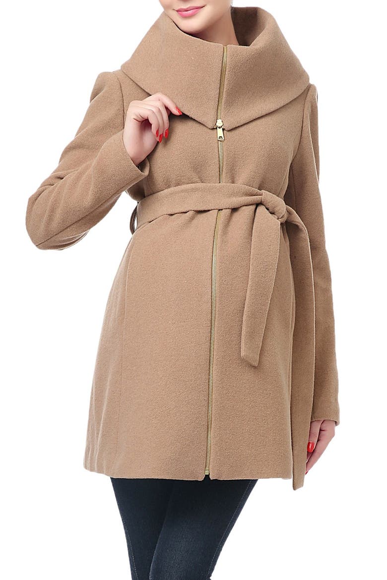 Mia High Collar Wool Blend Maternity Coat, Alternate, color, CAMEL
